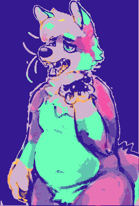 drawing of my anthro fox fursona with purple fur, teal on belly, white paws and snout, and white hair with holographic/rainbow tip at the front