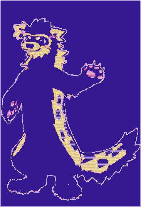drawing of my anthro marbled polecat fursona with natural colors except for purple hair on head and purple back spots